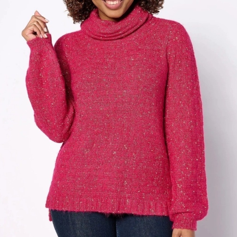 Denim & Co. Canyon Retreat Balloon Sleeve Turtleneck Sweater Rich Berry 1X NEW